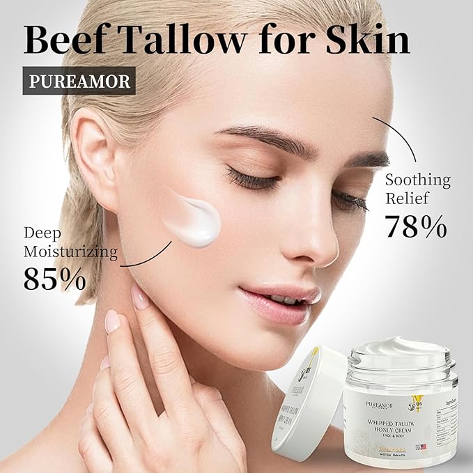 Beef Tallow for Skin Made in USA, Grass-Fed Beef Tallow for Face, Quick Absorbing, Hydrating Tallow Face Moisturizer, Whipped Beef Tallow and Honey Balm for Face&Body,Beef Tallow Cream(2oz. Unscented)