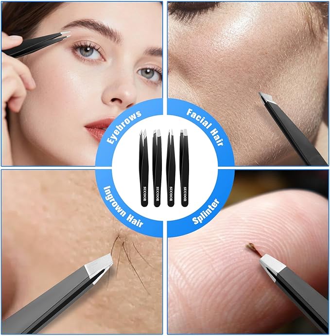 Tweezers for Women Facial Hair, 4Pcs Professional Beauty Tools Stainless Steel Precision Eyebrow Tweezers for Splinter Blackhead and Ingrown Hair Removal, Black