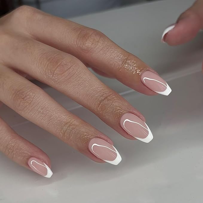 30Pcs White French Tip Press on Nails Short Coffin Nails Press ons, Short Fake Nails T Shaped Acrylic French Glue on Nail False for Women, Natural Stiletto15 Sizes