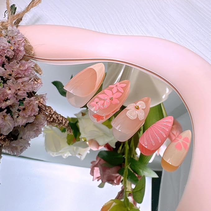 24Pcs French Tip Press on Nails Medium Almond Fake Nails with 3D Flower Gold Beads Designs Pink Yellow Floral Acrylic Nail Tips Full Cover Summer Fall False Nails Cute Flowers Stick on Nails for Women