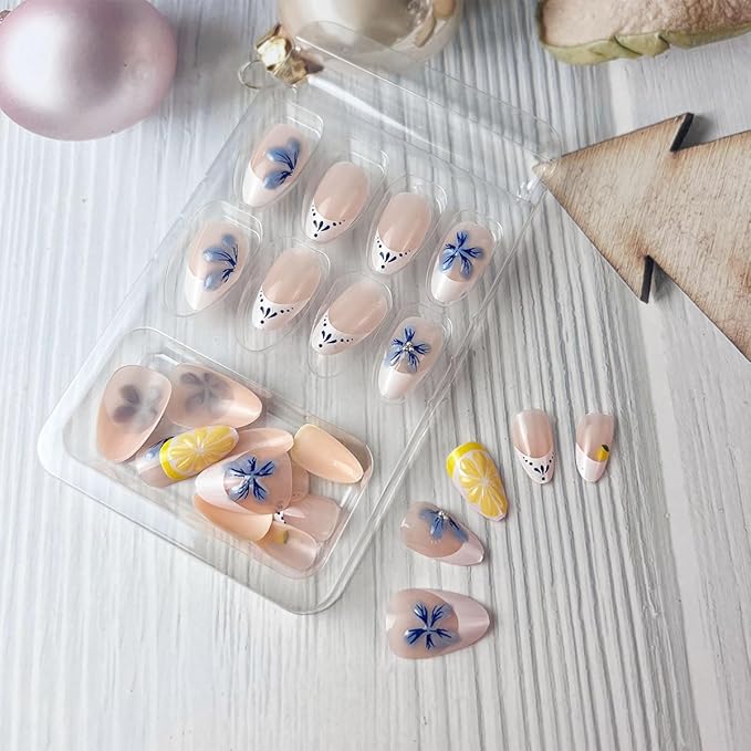 Long French Tips Press on Nails Flower Fake Nails Fruit False Nails 3D Blue Floral Lemon Nude White Design Glossy Stick on Nail Summer Glue on Nail for Women Decoration Salon Manicure