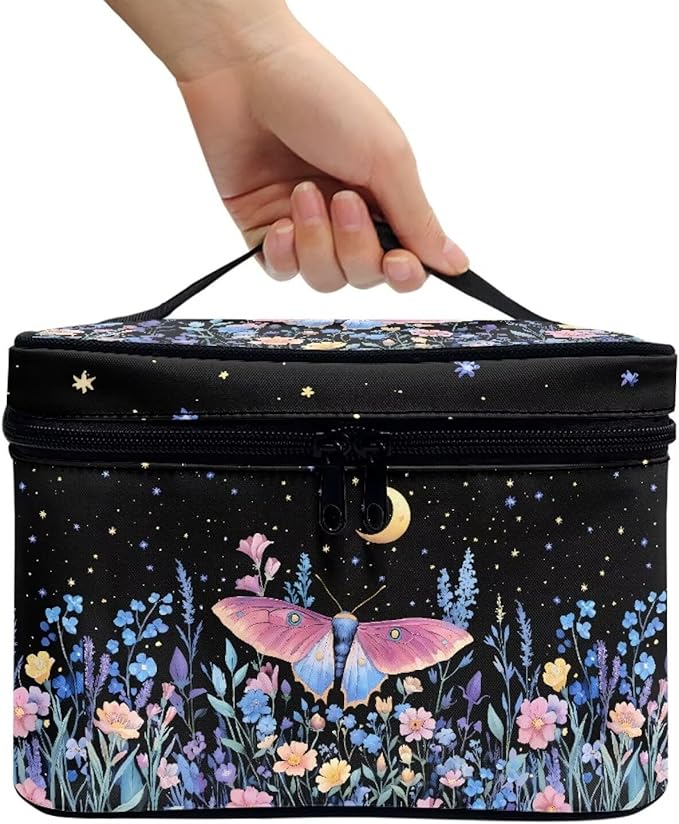 Butterfly Floral Moon Starry Night Print Travel Makeup Bags for Women Portable Tote Cosmetic Case with Carry Handle Toiletry Accessories Storage Organizer Bags
