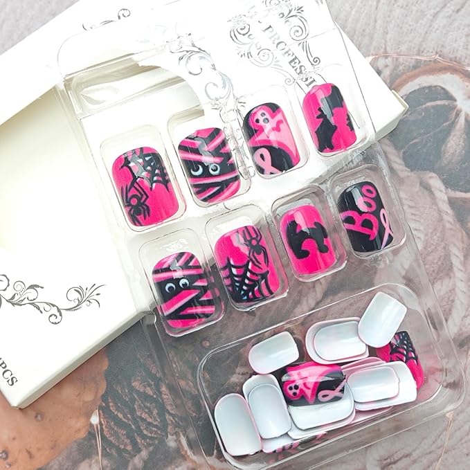 24Pcs Short Square Press on Nails Halloween Fake Nails Black Pink Ribbon Spider Web Cat Bat Design Full Cover Holiday Glue on Nails Horror Ghost False Nails for Women Acrylic Manicure Decorations