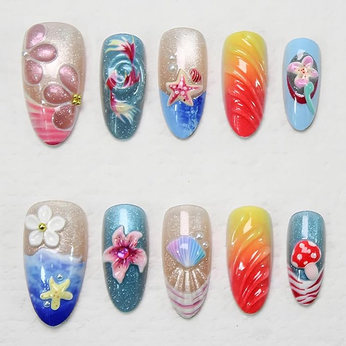 30Pcs Summer Beach Shell Press on Nails Medium Almond Fake Nails French Nails Colorful Flower Press on Handmade False Nails Cute Stick on Nails DIY Manicure Fingernails for Women