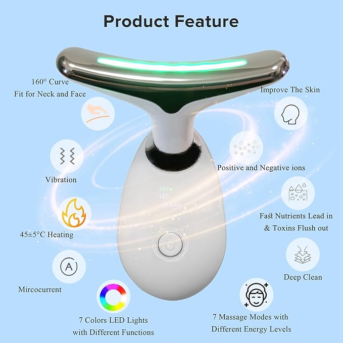 Face Neck Massager with 7-Color Light Modes for Face Sculpting Skin Care,Tightening,Smoothness - Red LED Light Therapy Device Tool for Women at Home
