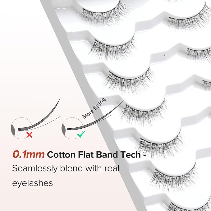 Natural Wispy Cat Eye Lashes - 3D Volume C Curl Eyelashes With Thin Band - 10mm Short Lashes - 7 Pairs