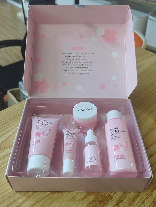 Sakura Skincare Kit for Teenage Girls Women, 5Pcs Skin Care Travel Present Set with Cleanser, Toner, Serum, Eye Cream, Face Cream