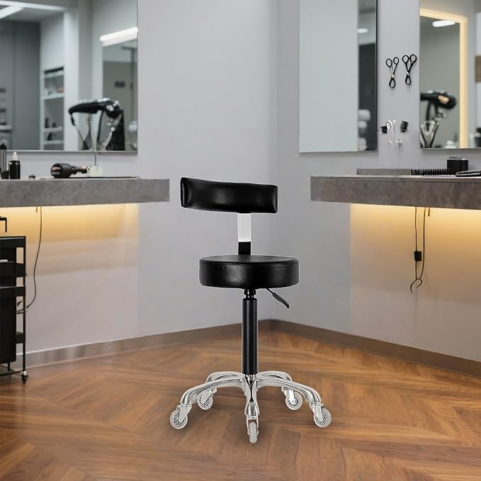 Swivel Rolling Stool Round Chair,Thick Sturdy Padding,Adjustable Stool with Wheels for Doctor,Medical,Massage Salon,Office,Shop(Black,with Back)