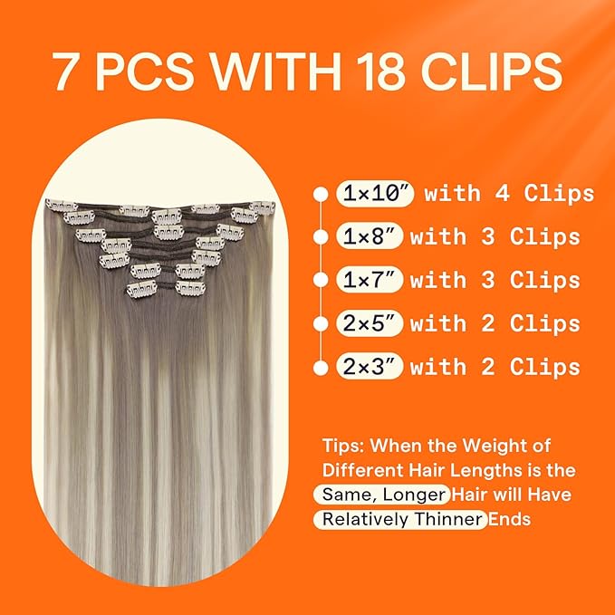 Full Shine Blonde Clip in Hair Extensions Real Hair Double Weft Clip in Extensions Balayage Ash Grey Fading to Blonde Hair Extensions for Volume 7 Pcs 14 Inch 120 G