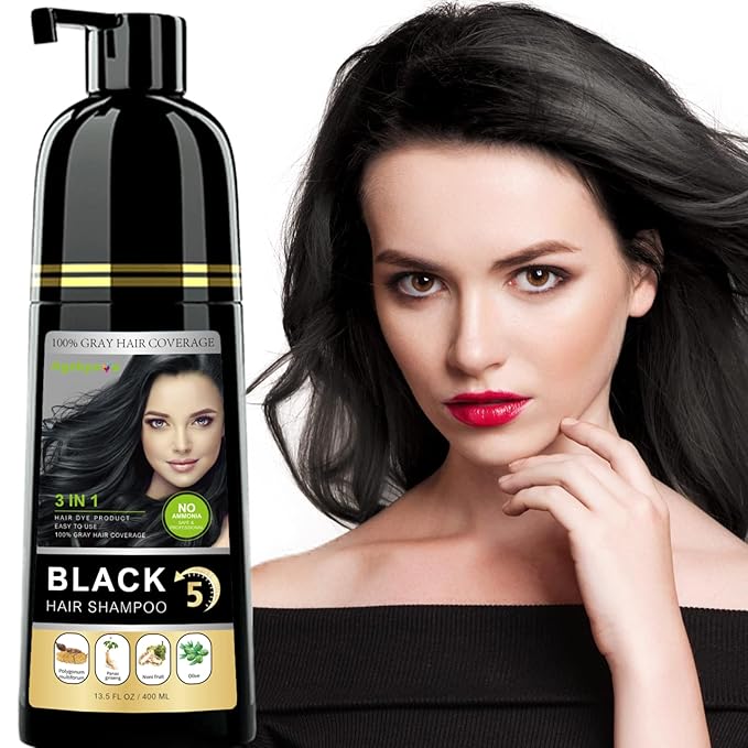 Instant Black Hair Shampoo, 3 in 1 Natural Hair Dye Shampoo with Herbs, Cover Greys Hair for Men & Women, Permanent Hair Color - Ammonia Free 400ml (Black)