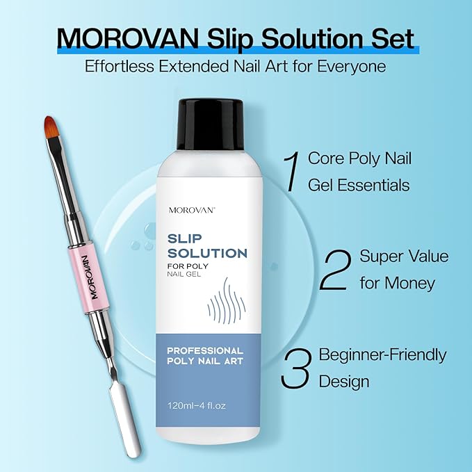 Morovan Poly Gel Slip Solution Kit: 4oz Slip Solution Liquid for Poly Gel Nails Dual-Ended Brush Pusher for Beginner