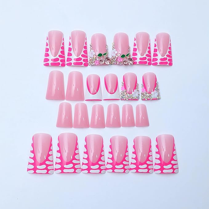 BABALAL Duck Nails Press ons Pink French Tips Press on Nails False Nails with Rhinestone Cherry Flower Designs Glossy Luxury Duck Nail Tips 24pcs Gel Acrylic Manicure False Nails Kit