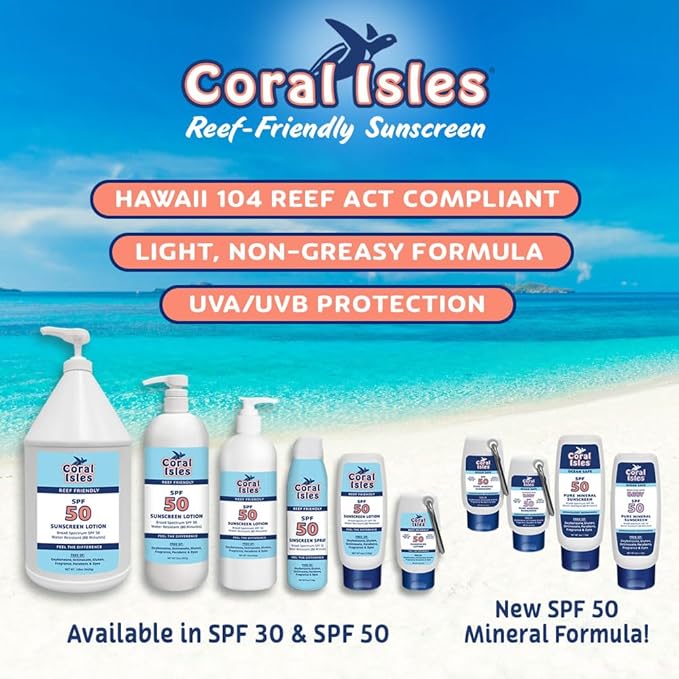 Coral Isles by Rocky Mountain Sunscreen | SPF 50 Lotion | Broad Spectrum UVA/UVB Protection | Hawaii Reef-Safe Act Compliant | Oxybenzone & Octinoxate Free | Water Resistant 80 Min. | 32 Fl Oz