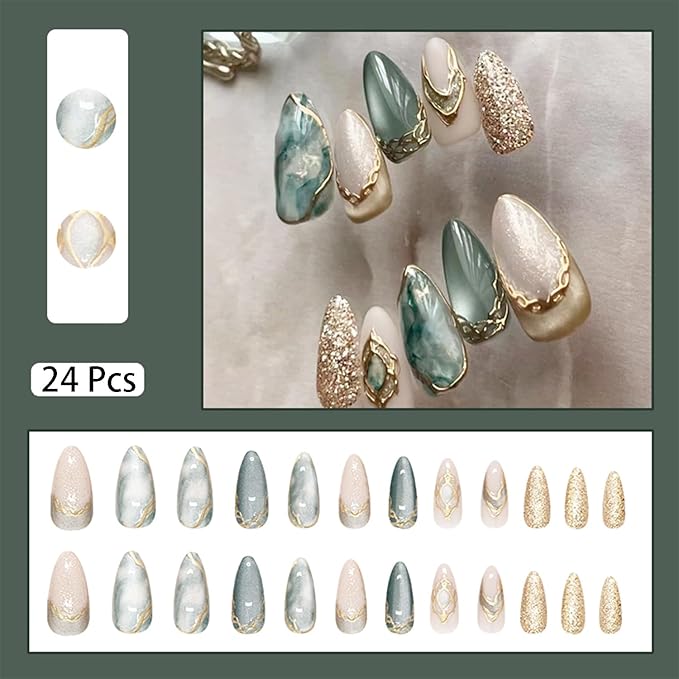 24pcs Almond Press on Nails Medium Fake Nails with 3D Gold Stripe Glitter Designs Glue on Nails Gold False Nails Kit Full Cover Stick on Nails for Women Nail Decoration