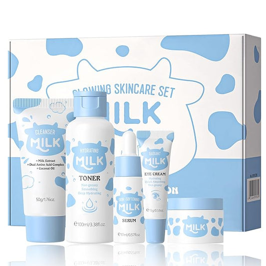 5PCS Milk Skin Care Set for Kids & Women – Skin Care for Teens 10-12, Skincare for Girls 10-12, Milk Skincare Set with Cleanser, Toner, Serum, Face Cream & Eye Cream – Gentle Daily Hydration Routine