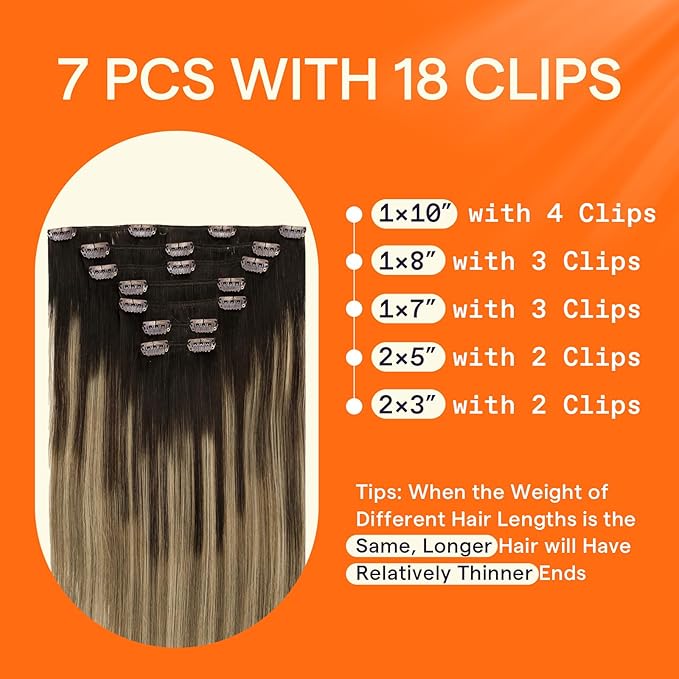 Full Shine Balayage Clip in Hair Extensions 14 Inch Dark Brown Ombre Ash Brown And Dirty Blonde Seamless Clip in Hair Extensions Human Hair 7 Pcs Remy Hair Clip ins Extensions 120 G