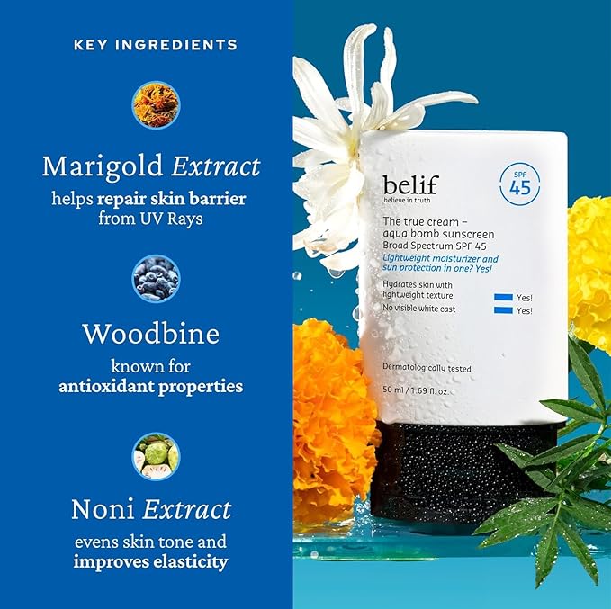 belif Aqua Bomb SPF 45 Hydrating Niacinamide Sunscreen (1.69 fl. oz) - The True Cream PA++++, Daily Broad Spectrum, No White Cast, Weightless & Invisible, Non-Greasy, Korean Skincare