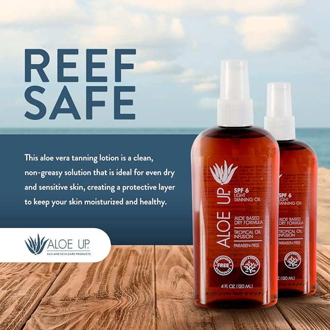 Aloe Up Light Tanning Oil With SPF 6 Sunscreen - Body and Face Tanning Oil for Outdoor Sun - With Pure Aloe Vera Oil and Natural Oils - Absorbs Quickly - Reef Friendly - Fresh Tropical Scent - 4 Oz