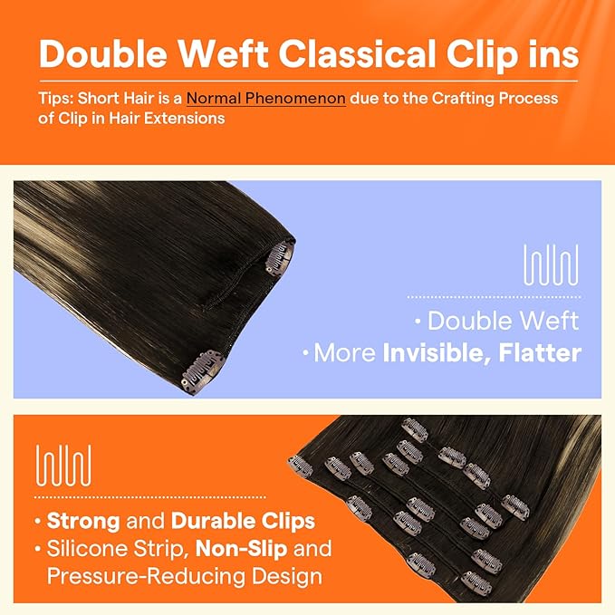 Full Shine Balayage Human Hair Clip in Extensions 16 Inch Clip in Real Hair Extensions Balayage Dark Brown to Caramel Blonde 7 Pcs 120 G