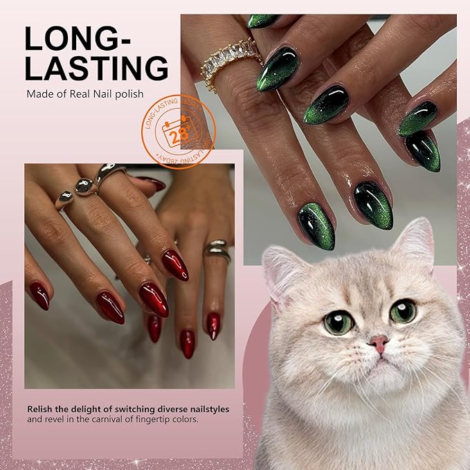 KQueenest Press On Nails Short - Pastel Light Purple Press On Nails Almond Shape, Glitter Cat Eye Fake Nails with Nail Glue, Reusable Cute Bright Gel Glue On Nails with Color-Shifting Glow, 30 Pcs