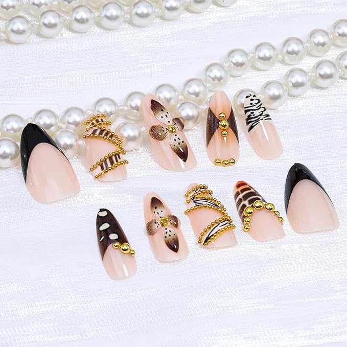 Fall Almond Press on Nails Medium French Tip Fake Nails Luxury Gold Beads Glue on Nail Brown Handmade Acrylic Nails Autumn Flower False Nail Leopard Print Tip Stiletto Stick on Nail for Women 24Pcs