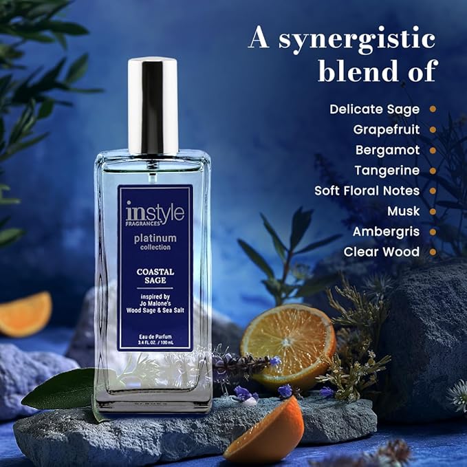 Instyle Fragrances, Platinum Collection, Coastal Sage, Inspired by Jo Malone’s Wood Sage & Sea Salt, Unisex Eau de Parfum, CLEAN, Vegan, Paraben-Free, Never Tested on Animals, 3.4 Fluid Ounces