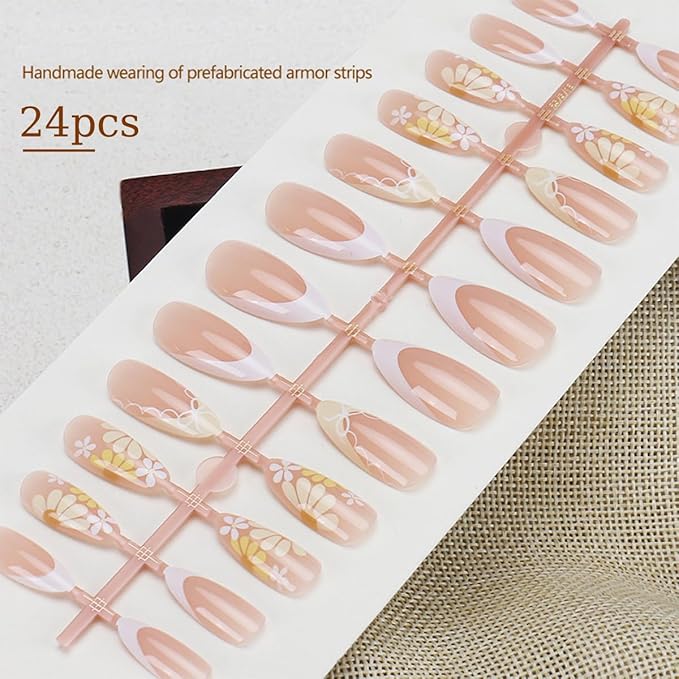 24Pcs French Tip Press on Nails Medium Almond Fake Nails Yellow Flowers False Nails with Designs Bow Daisy Cute Glue on Nails Full Cover Artificial Acrylic Nails for Women Manicure Decoration