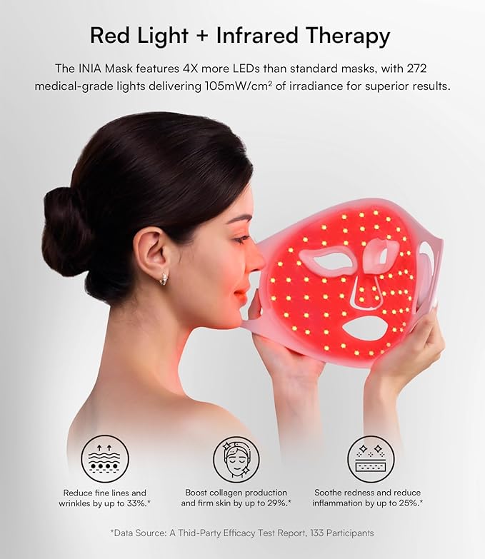 INIA Red Light Therapy Mask for Face, Glow Wireless LED Face Mask Light Therapy with Near-Infrared Red Light (NIR), Rechargeable and Ergonomic Design for Home & Travel