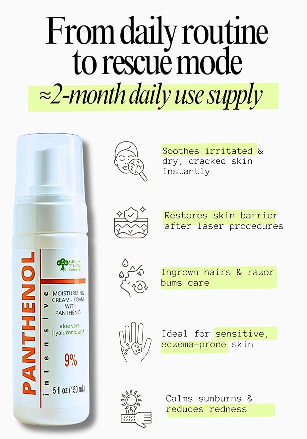 9% Panthenol Foam Spray - Redness Relief Moisturizer | Acne, Burn & Skin Repair with Aloe & Hyaluronic Acid – Post-Laser, Stitches, Tattoo & Hair Transplant, 5Oz
