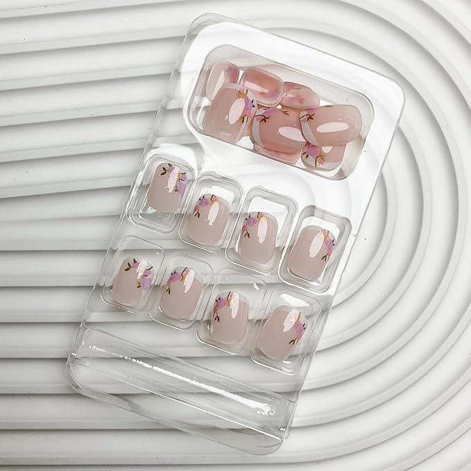 French Tip Nails - Short, Square, Flower Acrylic Nails, Gold Leaf, Squoval, Glossy, Nude, Nature, Stick On, 24 Pcs