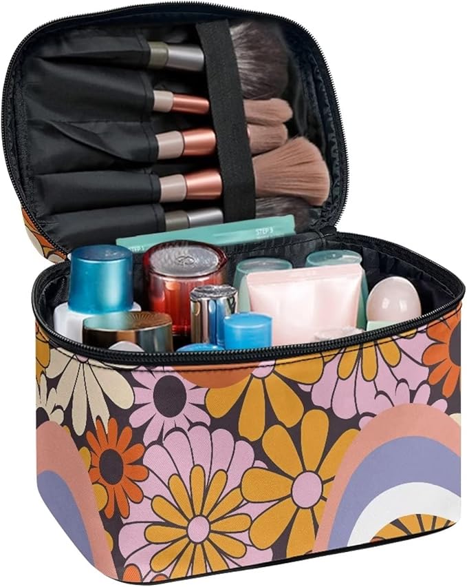 Hippie Daisy 70s 80s Wavy Swirl Design Makeup Bags for Women Large Capacity Toiletry Organizer Bags Portable Tote Cosmetic Pouch with Carry Handle and Brushes Slots Travel Sccessories