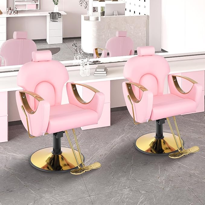 Pink Salon Barber Chair, Reclining Salon Hair Chair for Hair Stylist with Heavy Duty Pump, 360° Swivel Multi-Function Braiding Hairdresser Chair for Barbershop Home, Max to 440lbs