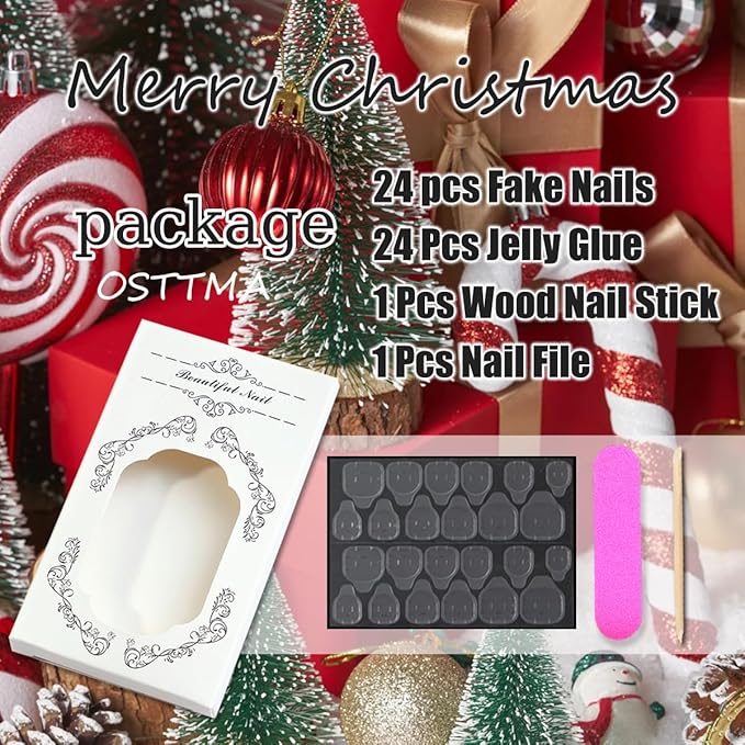 24Pcs Christmas Press on Nails Medium Almond Fake Nails with Xmas Holly Candy Designs 3D Embossed French Tip False Nail Full Cover Acrylic Nails Cute Snowflake Christmas Stick on Nail for Women
