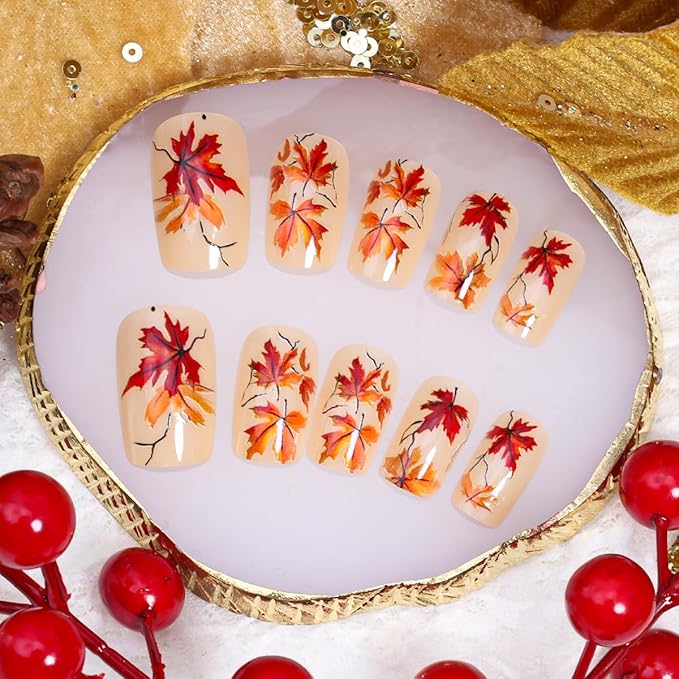 Fall Press on Nails Short Maple Leaf Fake Nails Glossy Full Cover Thanksgiving Glue on Nail Maple Leaves Acrylic Nails Autumn False Nail Square Stick on Nail for Women Holiday Manicure Tips 24Pcs