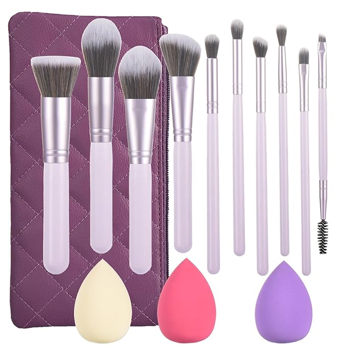 10 Piece Purple Makeup Brushes Set and 3 Piece Makeup Sponge - Wooden Handle with Soft Synthetic Bristles, for Face & Eye Makeup | Professional Cosmetic Brushes | Includes Travel Pouch
