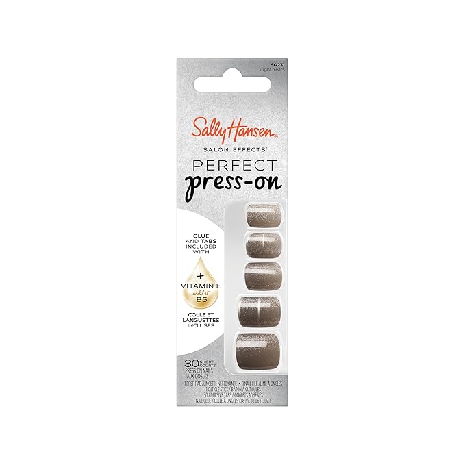 Sally Hansen Salon Effects Perfect Press-On Nails | Square Shape | Easy to Apply, Non-Damaging | 30 Nails, Nail Glue, Adhesive Tabs, File | Light Years