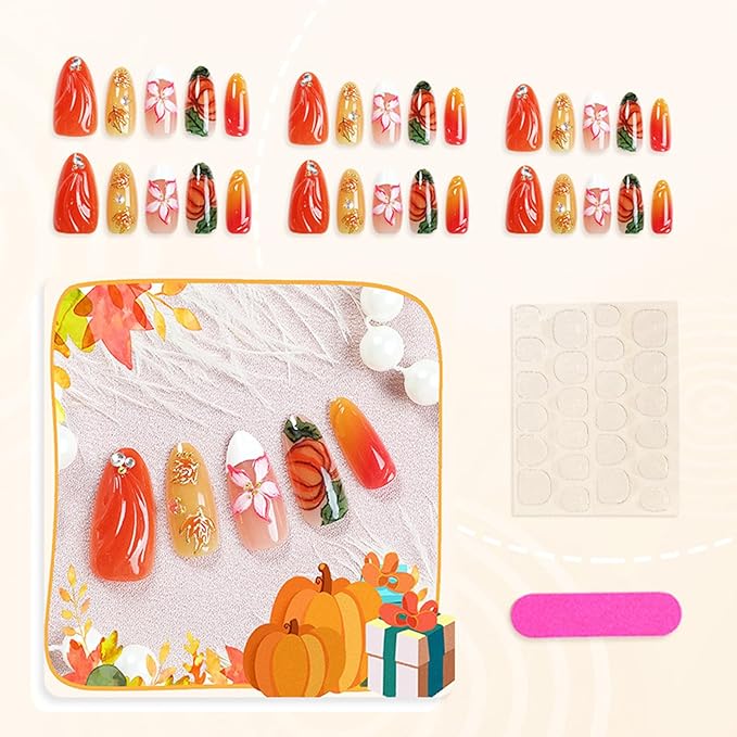30Pcs Handmade Press on Nails Medium Almond Fall Fake Nails with 3D Gold Maple Leaves Designs Pink Flower Artificial Nails Thanksgiving Pumpkin False Nail Rhinestones Glue on Nail for Women