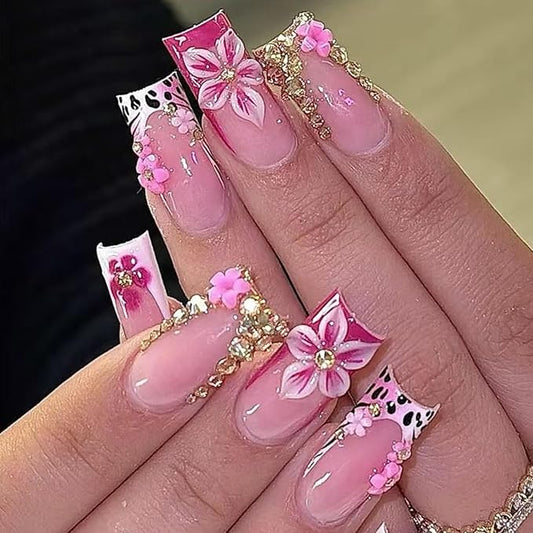 Pink French Tip Press on Nails Medium Square Fake Nails with 3D Flower Rhinestones Designs White Nails Press ons Spring Acrylic Nails for Women 24Pcs