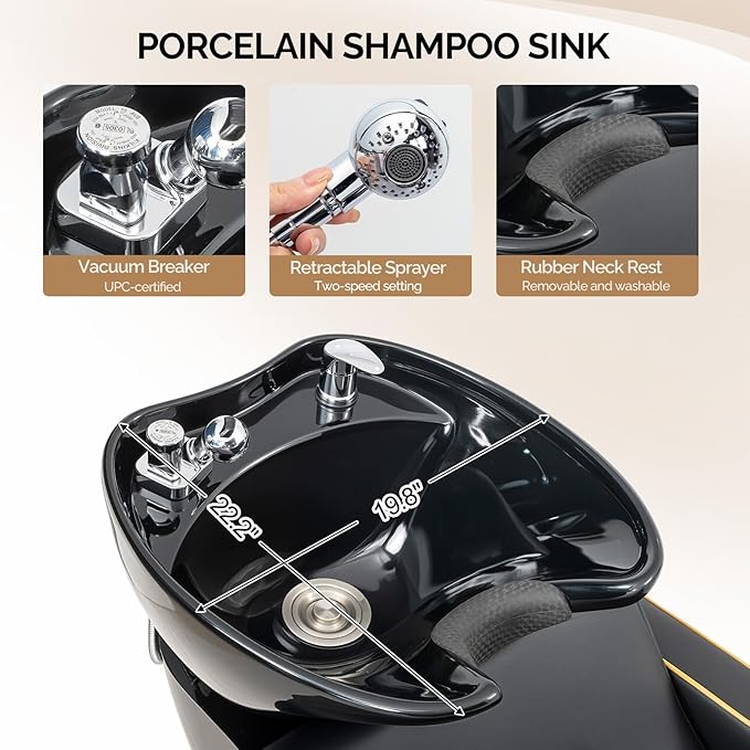 OmySalon Backwash Shampoo Unit for Salon, Hair Washing Station with Ceramic Bowl Adjustable Footrest, Reclining Shampoo Chair for Beauty Spa Barbershop