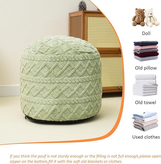 Round Stuffed Pouf Ottoman for Foot Rest, Faux Fur Poufs with Foam Chunk Filling, Storage Ottoman Pouf Foot Stool Cushion, 20 X 15 InchFloor Poufs Foot Rest for Living Room Bedroom Home Decor (Green)