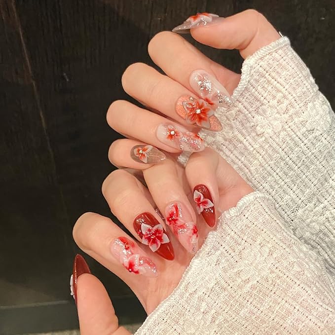 Handmade Press on Nails Almond Medium Fake Nails with 3D Flower Charm Designs Red Glossy Cute Acrylic Nails for Women 10pcs (Size M）