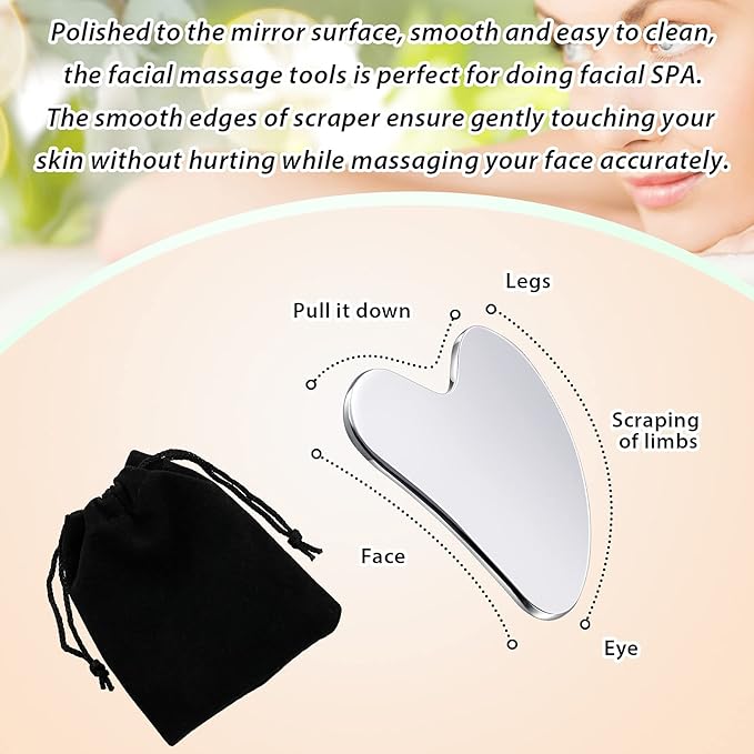 Nuanchu Stainless Steel Gua Sha Facial Tools Metal Guasha Tool for Face Body Jawline Shaper, Double Chin Reducer, Puffiness Reducing, Lymphatic Drainage Massager Skin Care Gift with Pouch(Silver)