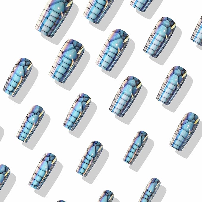 BABALAL Press on Nails Medium Square Fake Nails Blue Glue on Nails Snake Print Goth Acrylic Nails Chrome False Nails 24Pcs Squoval Manicure Stick on Nails Cyber Artificial Nails