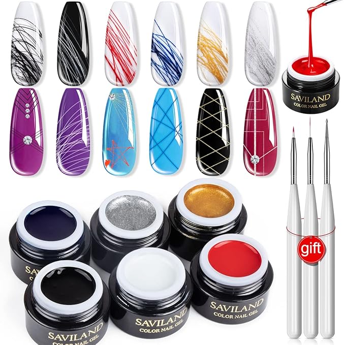 SAVILAND 6 Colors Spider Gel, New Upgraded Matrices Spider Gel with Nail Art Brushes, Nail Designs Paint Wire Drawing Gels Polish for Line (White Black Red Blue Gold Silver)