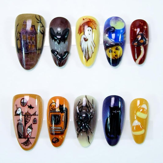 30Pcs Halloween Colorful Press on Nails Medium Almond Fake Nails with Cute Ghost Pumpkin 3D Bat Design Spider False Nails Full Cover Artificial Glue on Nails Gothic Rhinestones Stick on Nail for Women