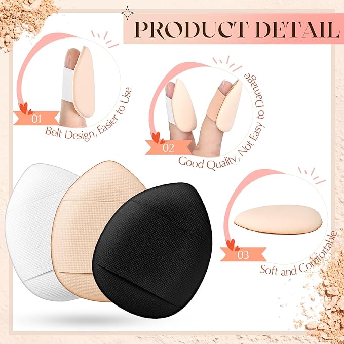 Gerrii 72 Pcs Finger Powder Puff Mini Makeup Sponge Soft Beauty Makeup Blender Puff for Foundation, Face Powder, Under Eye Setting, Concealer, Repair Cream, Cosmetic Tool (Black,White,Skin Color)