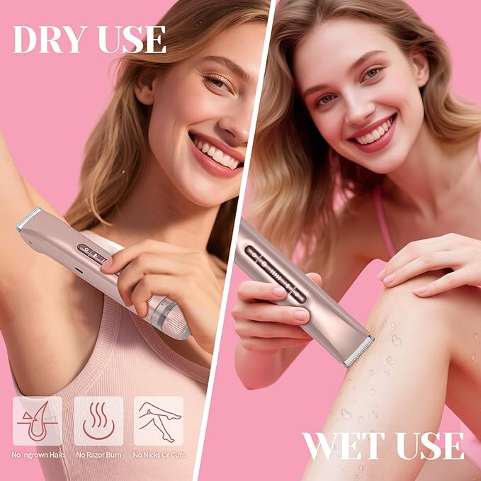 Bikini Trimmer for Women - 2025 New 2-in-1 Dual-Head Electric Shaver，Rechargeable Professional Painless Electric Razors, IPX7 Waterproof Body Hair Trimmer & Facial Hair Remover for Wet & Dry
