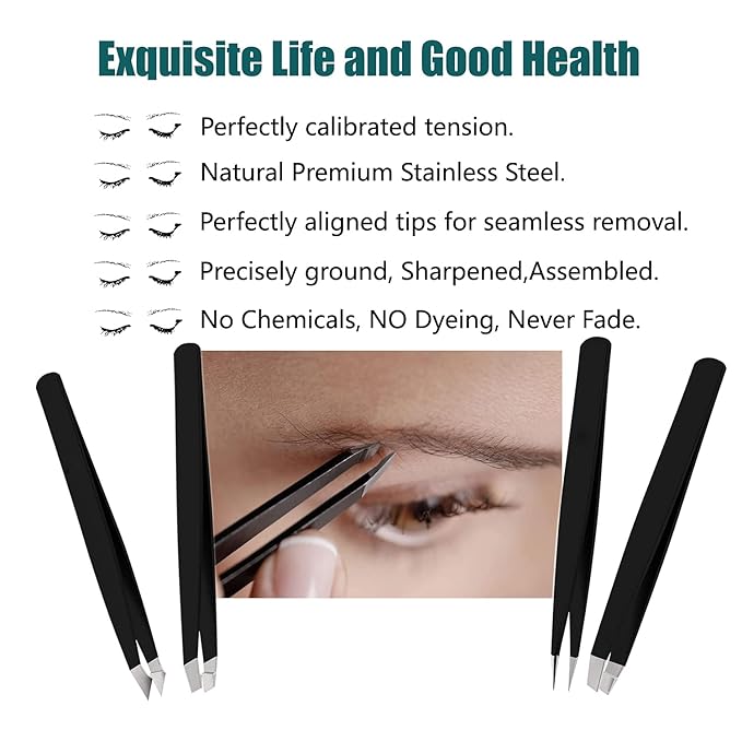 [4+1 Pieces] Tweezers Set with Travel Case, Great Precision Upgrade Professional Anti-rust Alloy Tweezers for Women & Men Multi-purpose as Eyebrows Facial Hair Ingrown Hair Removal