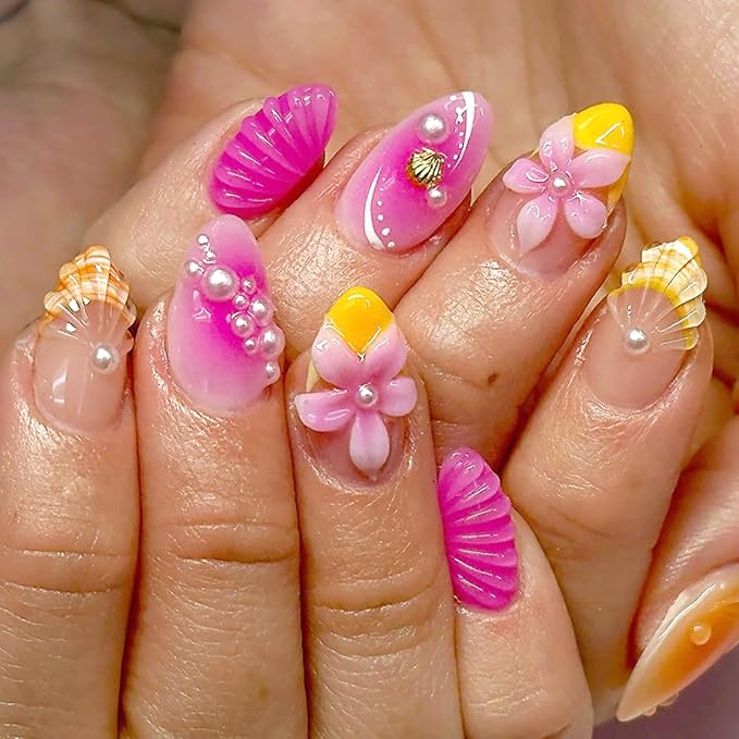 24pcs Pink Flower Almond Acrylic False Nails with Orange French Tip, Silver Pearl Shell Design, Summer Water Ripple, Glossy Finish, Full Cover, Artificial Glue on Nails for Women
