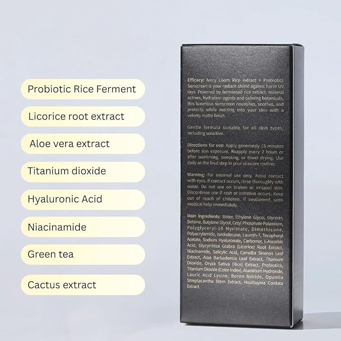 ivoryloom SPF 50 PA++++ Mineral Sunscreen | Fast Absorbing Hydration with Rice Ferment, Niacinamide, Hyaluronic Acid, Titanium Dioxide | Broad Spectrum | No White Cast | Reef Safe | 1.7 OZ